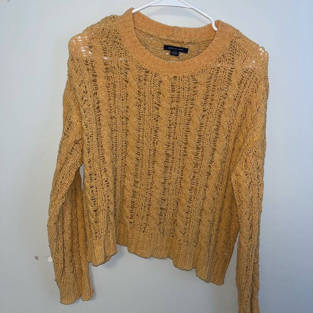 American Eagle Outfitters Tan Crew Neck Sweater with Cable Knit